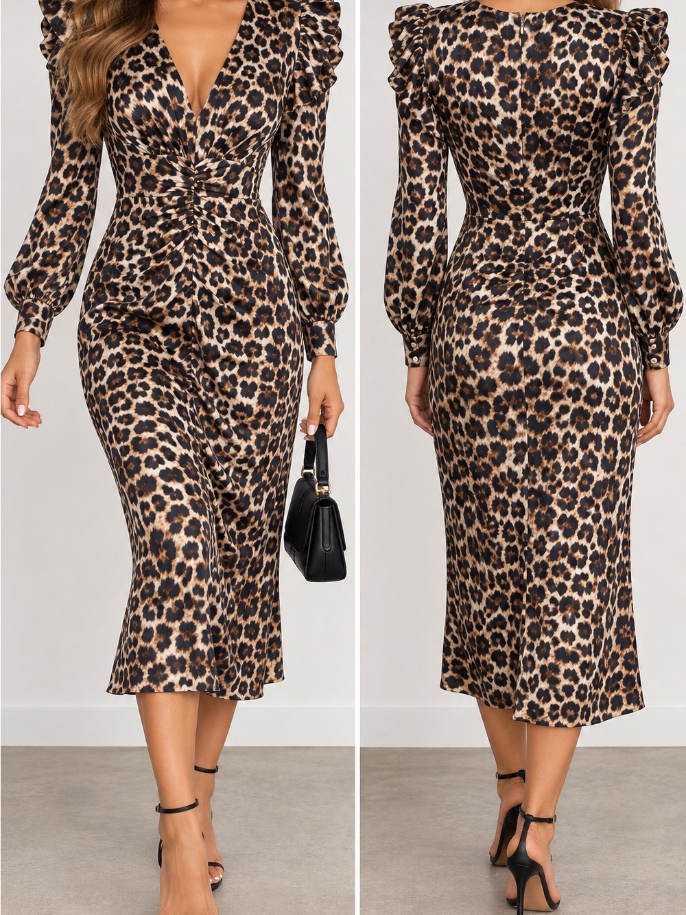 FARM Rio Leopard Print Ruched Ruffle Midi Dress NWT XS